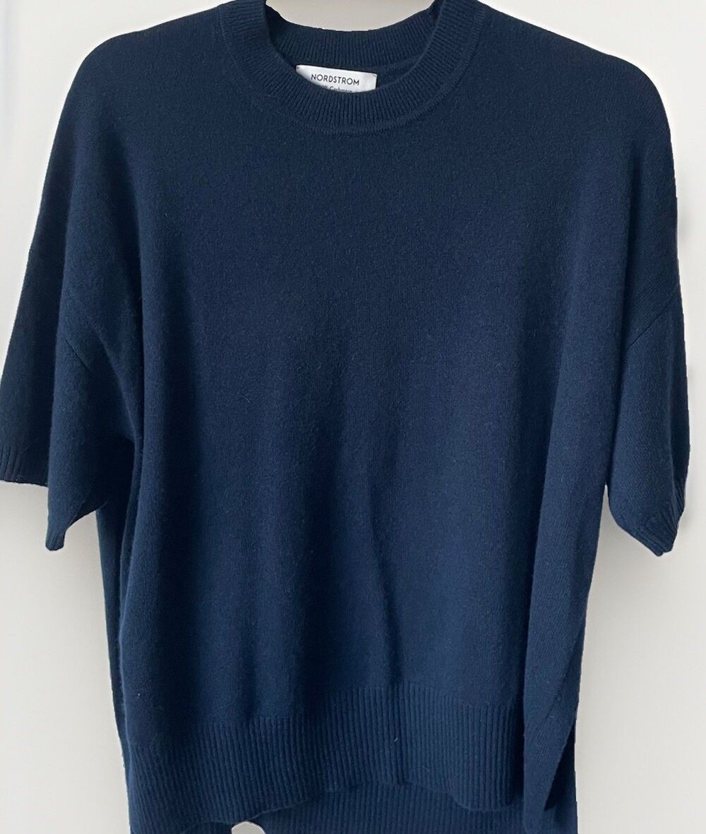 NORDSTROM Relaxed Short Sleeve Cashmere Sweater Navy S/M Org $129